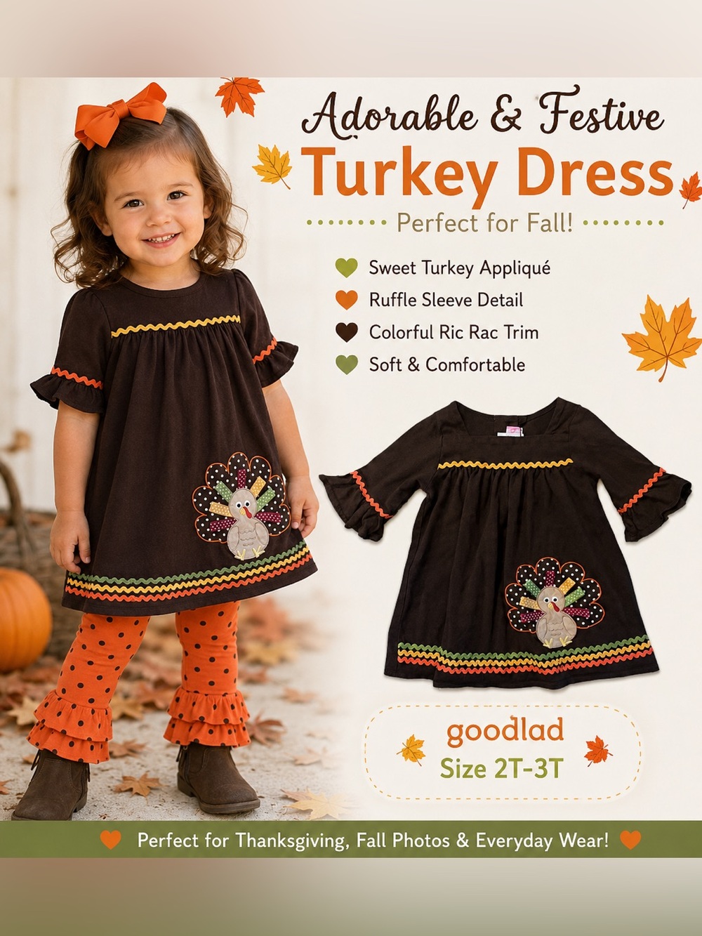 Goodlad Girls Turkey Thanksgiving Dress Size 2T-3T Fall Holiday